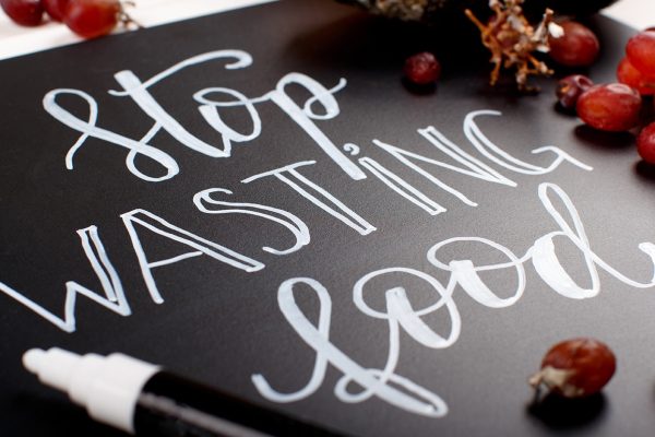 Chalkboard with Stop wasting food lettering with rotten fruit around